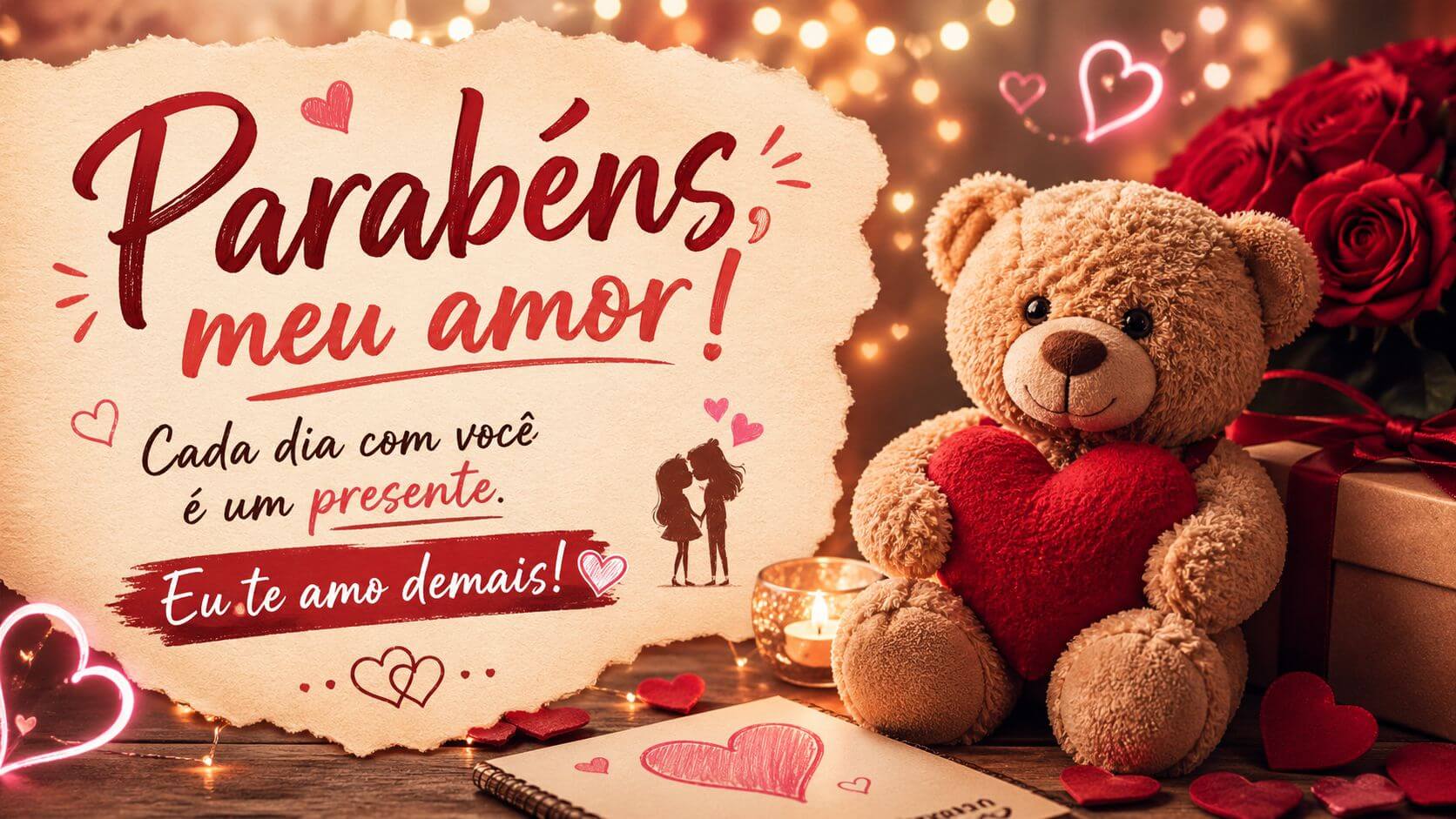 Mensagem de aniversário romântica para namorado ou namorada no WhatsApp com ursinho de pelúcia segurando coração vermelho, rosas e vela ao fundo com texto "Parabéns, meu amor! Cada dia com você é um presente. Eu te amo demais!"