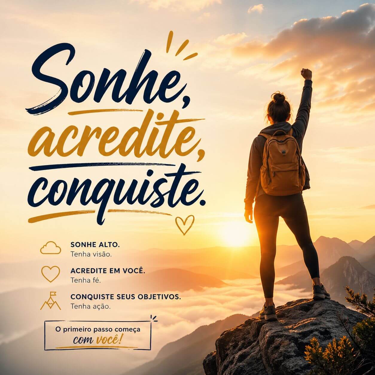  Infográfico motivacional com mulher em um pico e a frase "Sonhe, acredite, conquiste".