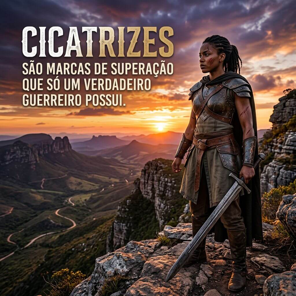 Uma guerreira em armadura segurando uma espada no topo de uma montanha ao entardecer. Texto: "Cicatrizes são marcas de superação que só um verdadeiro guerreiro possui."