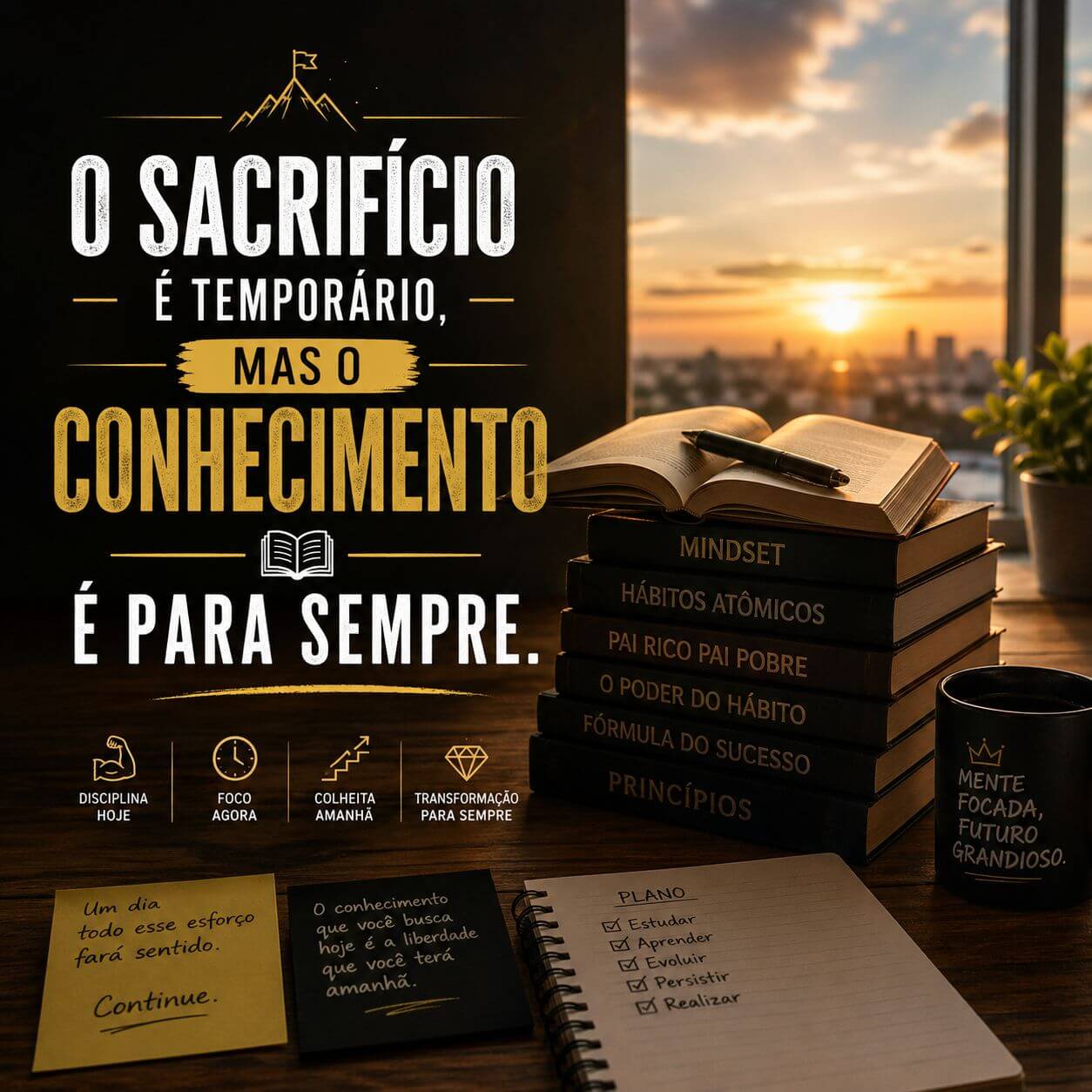 Mesa de estudos com pilha de livros, caderno e café em frente a uma janela ao pôr do sol. Texto: "O sacrifício é temporário, mas o conhecimento é para sempre."