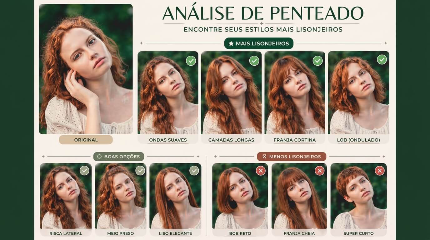 Relatório de análise de corte de cabelo com IA para rosto oval masculino exibindo recomendações como Side Part e Textured Crop, opções medianas e estilos a evitar com guia por formato de rosto