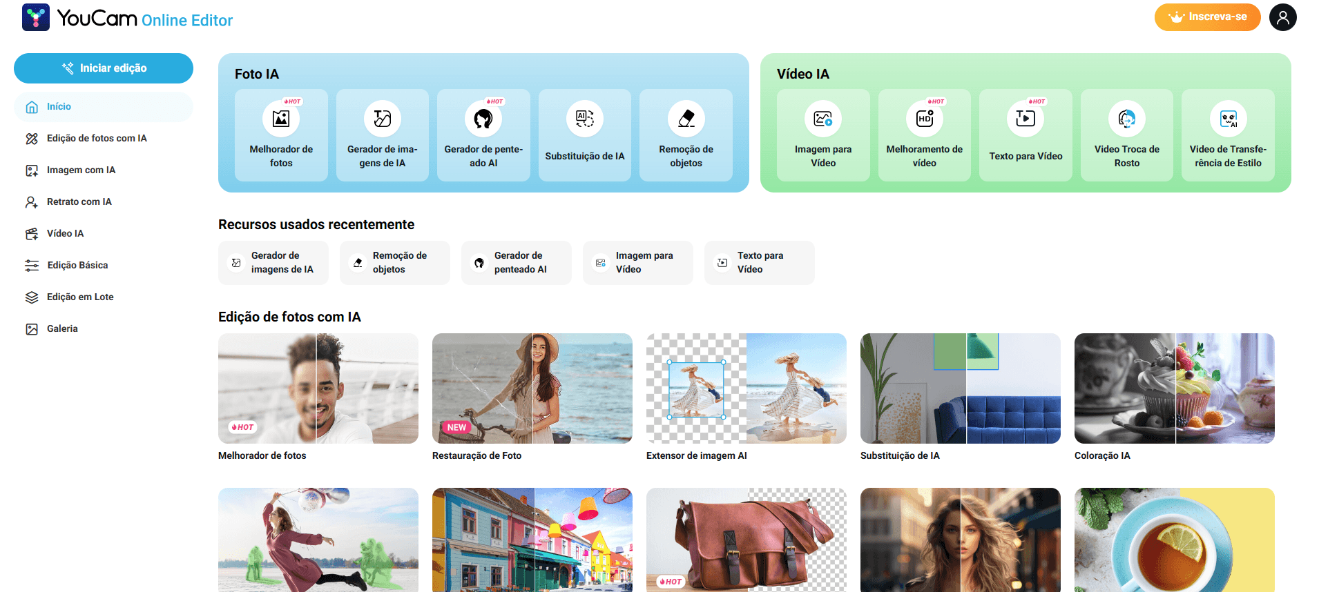 Captura de tela da interface do YouCam Online Editor exibindo o painel completo de ferramentas de inteligência artificial, com destaque para o Gerador de Imagens de IA, Melhorador de Fotos e recursos de Vídeo IA.