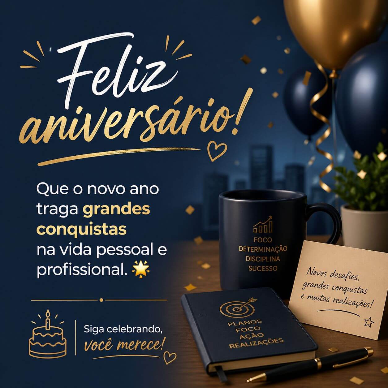 Cartão de feliz aniversário gerado por IA com balões, caneca e caderno em tons de azul escuro e dourado, ideal para enviar no WhatsApp.