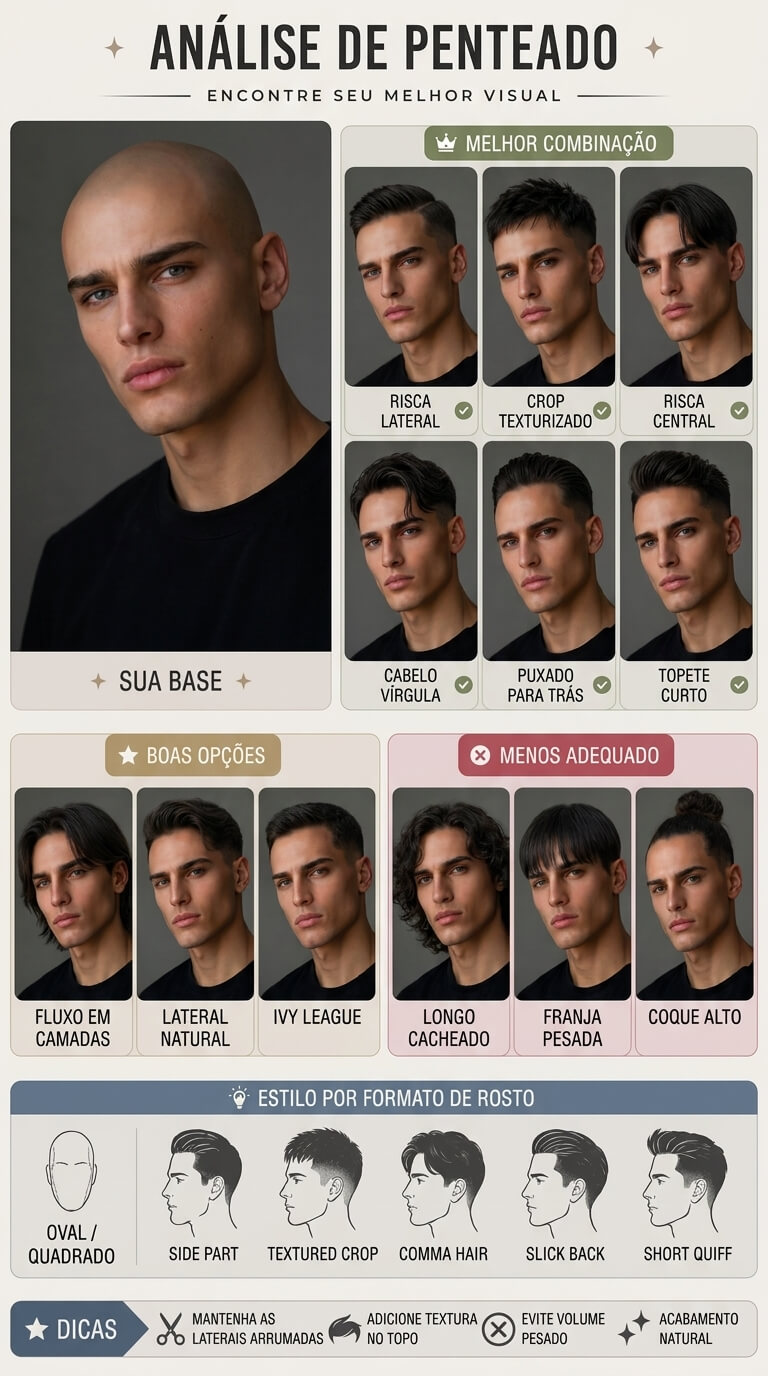 Relatório de análise de corte de cabelo com IA para rosto oval masculino exibindo recomendações como Side Part e Textured Crop, opções medianas e estilos a evitar com guia por formato de rosto