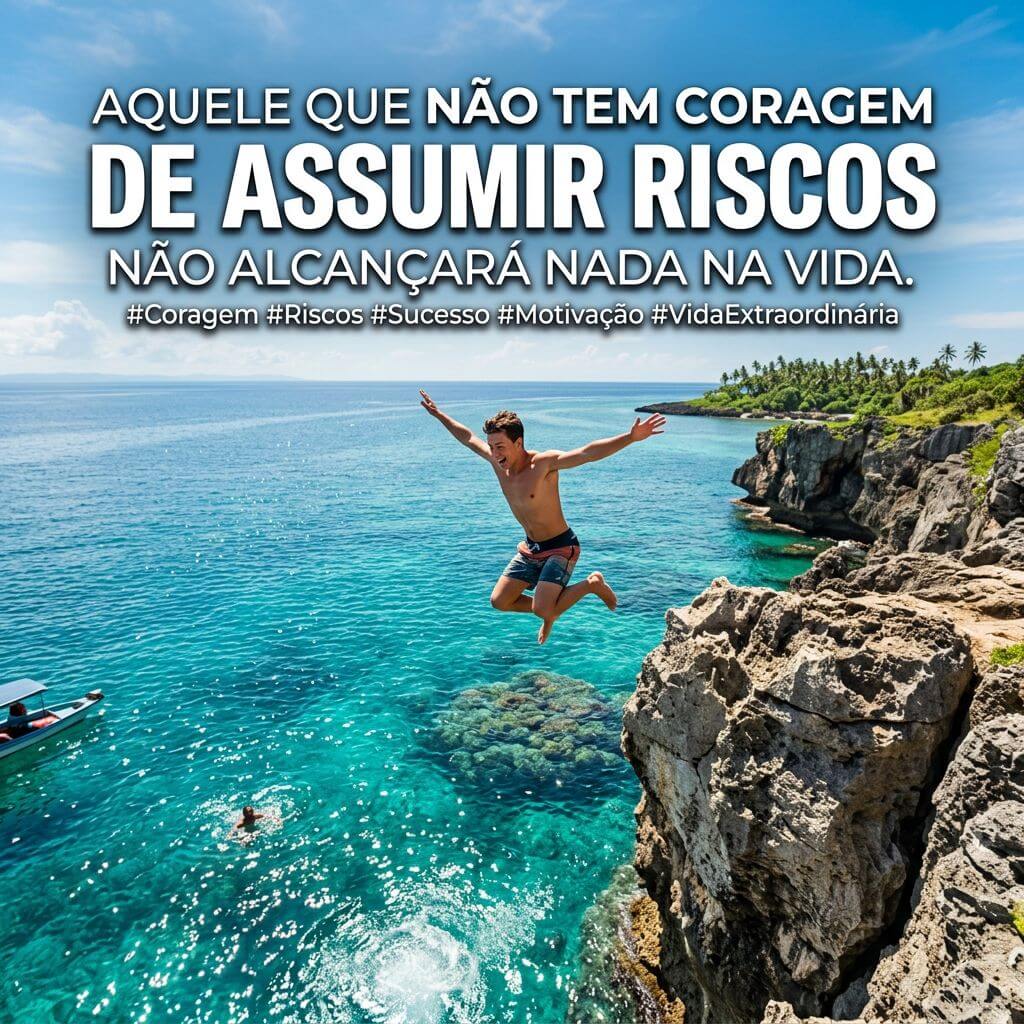 Um homem saltando de um penhasco em águas cristalinas de cor turquesa. Texto: "Aquele que não tem coragem de assumir riscos não alcançará nada na vida."