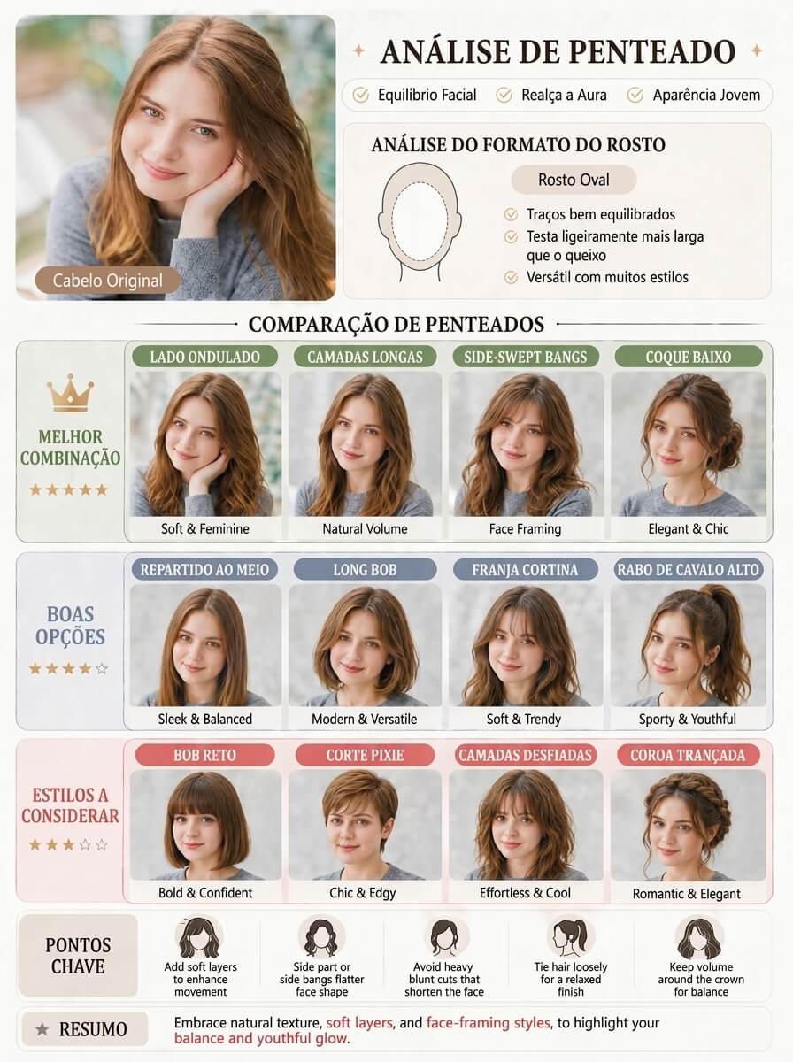 Análise de corte de cabelo com IA para rosto oval feminino mostrando comparações: cortes recomendados como Lado Ondulado e Camadas Longas, opções medianas como Repartido ao Meio e Long Bob, e estilos não recomendados como Bob Reto e Corte Pixie