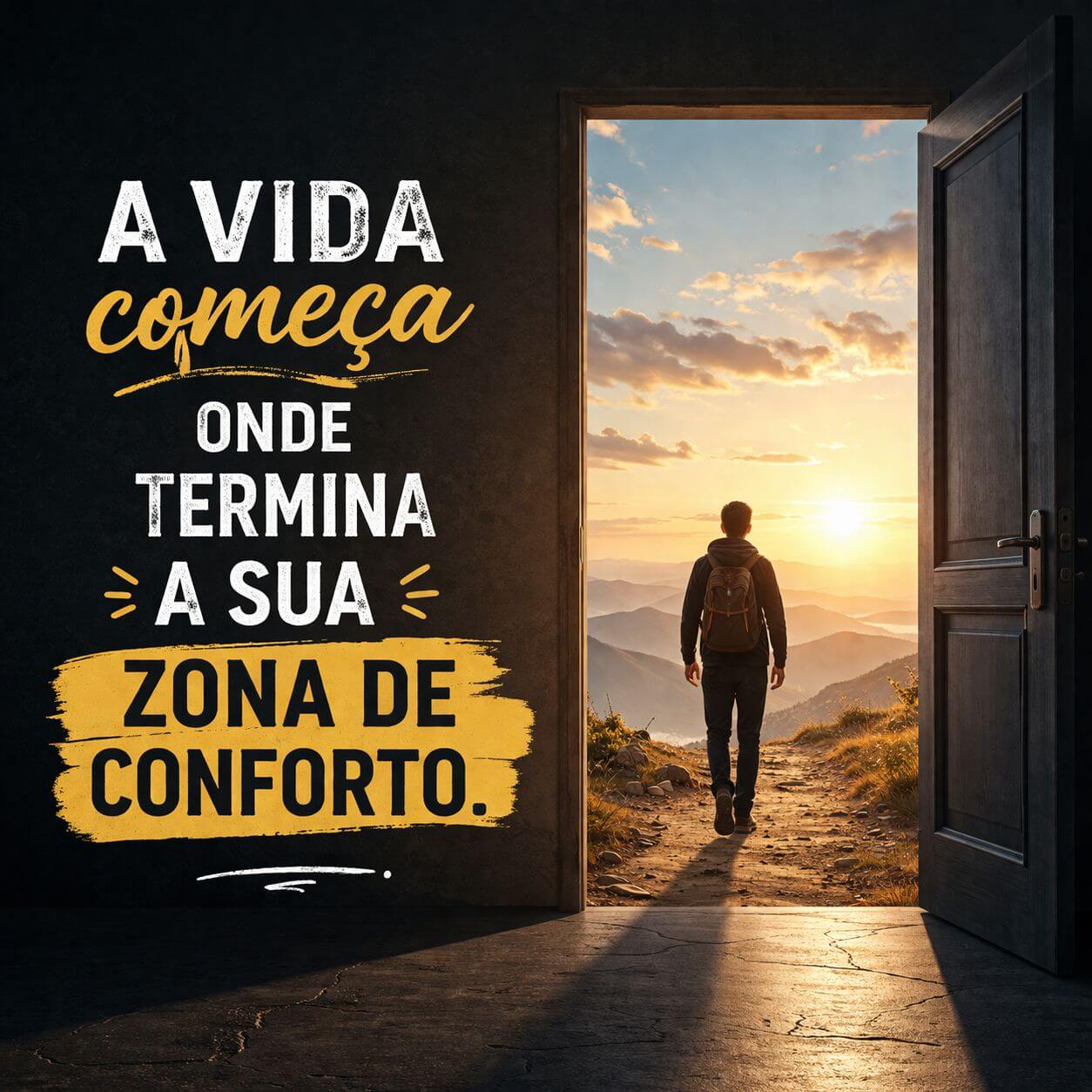 Um homem atravessa uma porta aberta, saindo de um ambiente escuro para uma trilha ensolarada nas montanhas. Texto sobreposto: "A vida começa onde termina a sua zona de conforto".