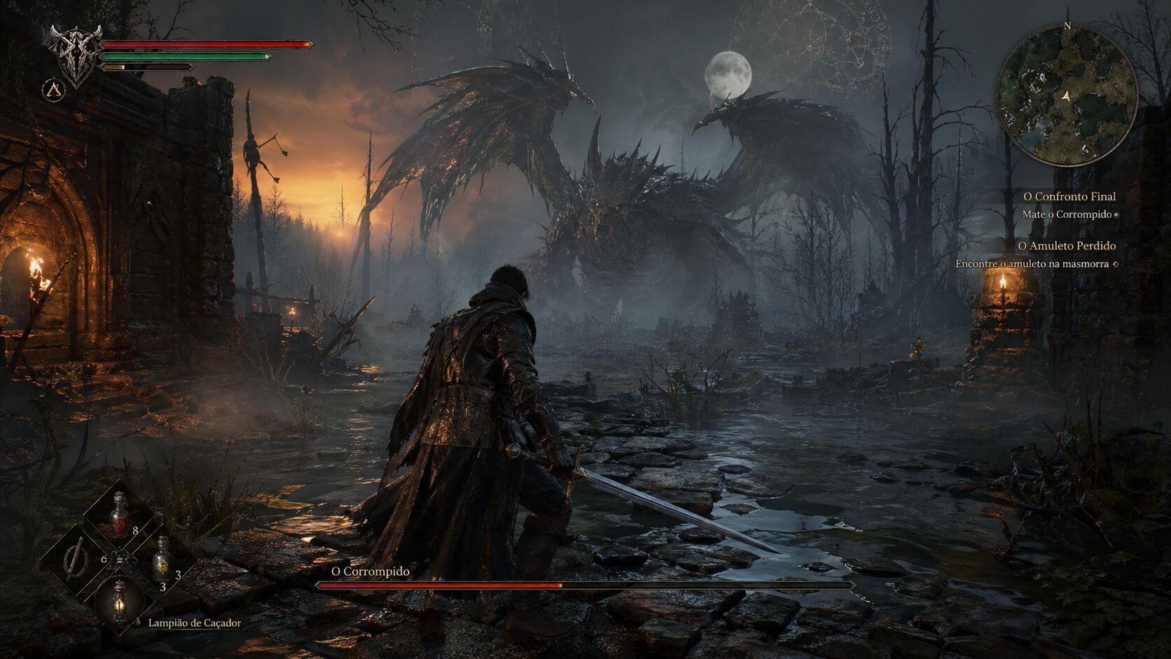 Cena épica de videogame de fantasia sombria gerada por IA.