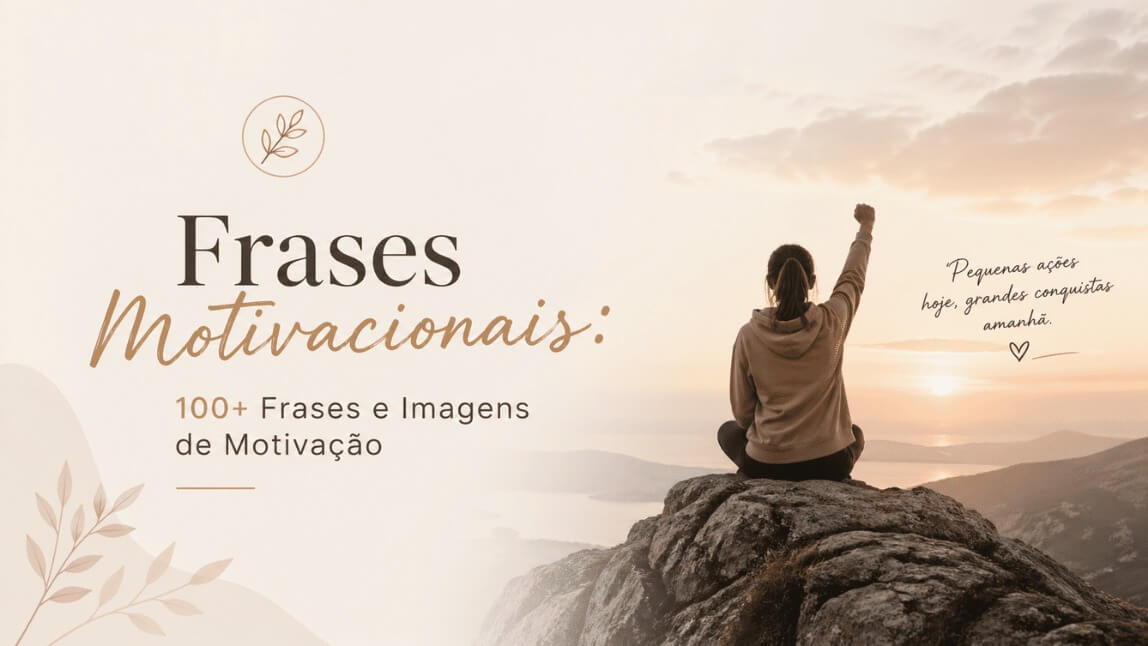 Banner com mulher no topo de uma montanha e o título "Frases Motivacionais: 100+ Frases e Imagens de Motivação