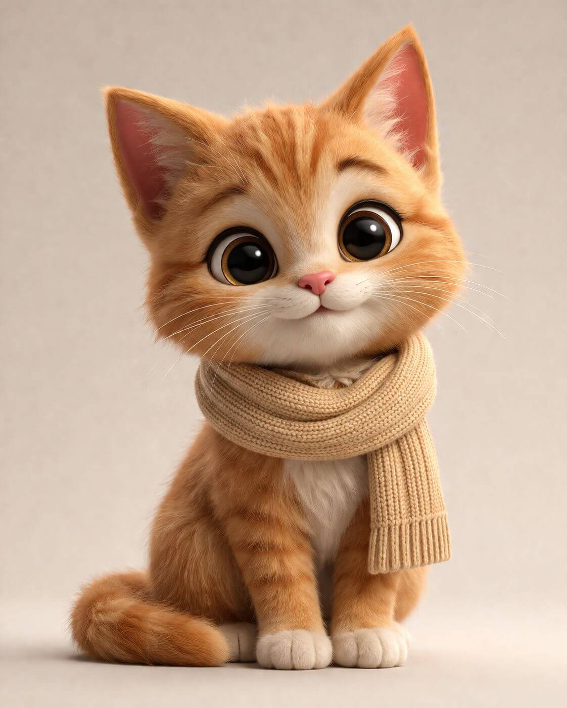 Design de personagem 3D de um gatinho laranja fofo usando cachecol bege.