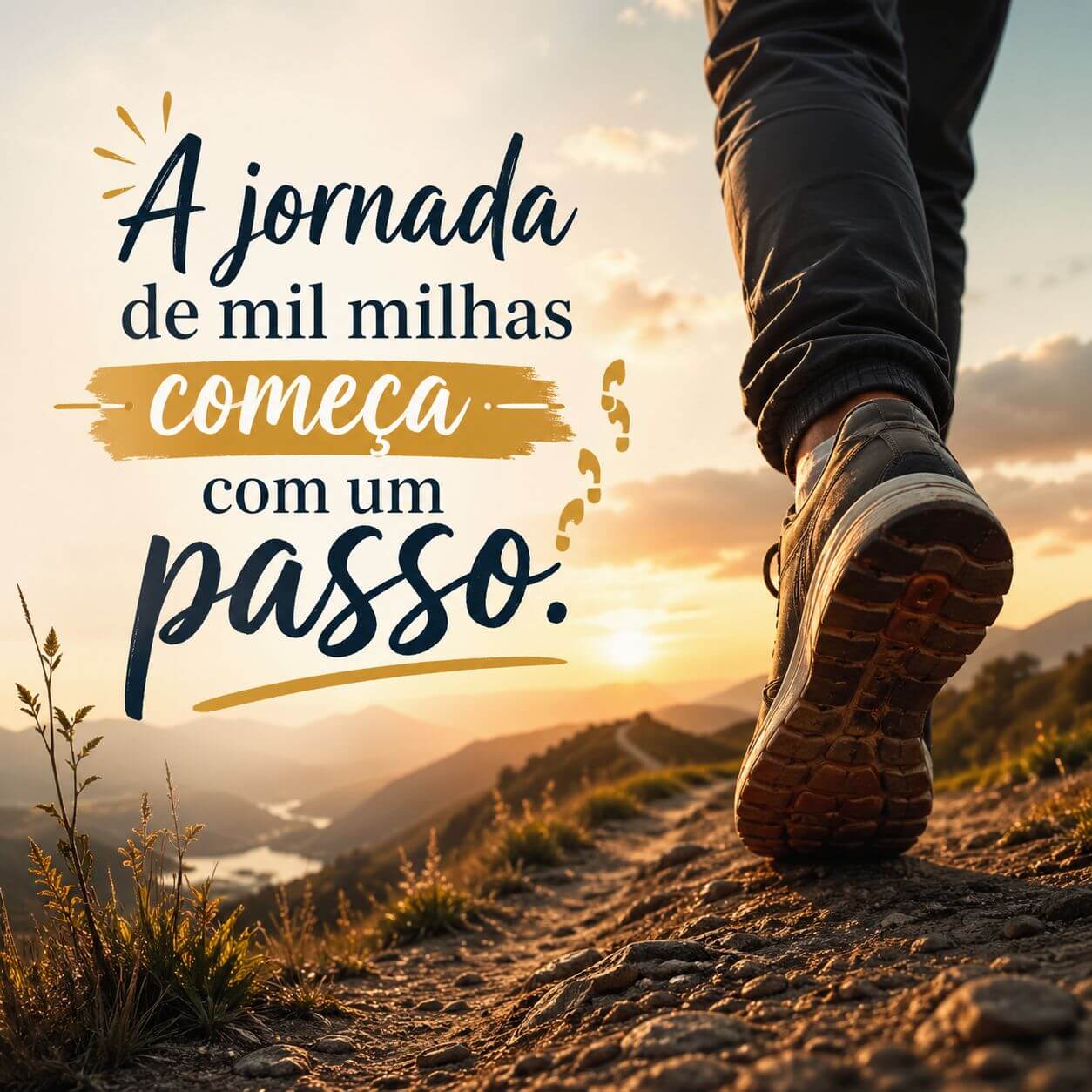 Imagem inspiracional de caminhada com a frase "A jornada de mil milhas começa com um passo".