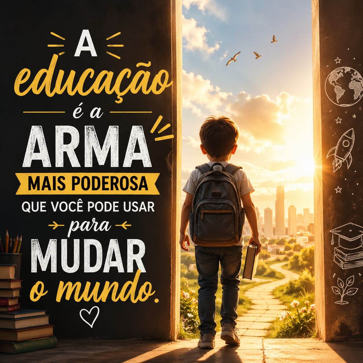 Um menino com mochila e livro na mão olhando para um caminho iluminado que atravessa um portal. Texto: "A educação é a arma mais poderosa que você pode usar para mudar o mundo."
