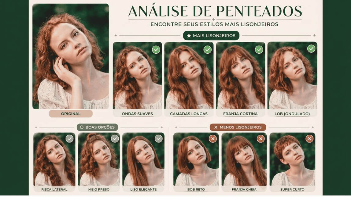 Painel de análise de penteados gerado por simulador de corte de cabelo com IA, classificando os melhores cortes, boas opções e estilos a evitar para o formato do rosto.