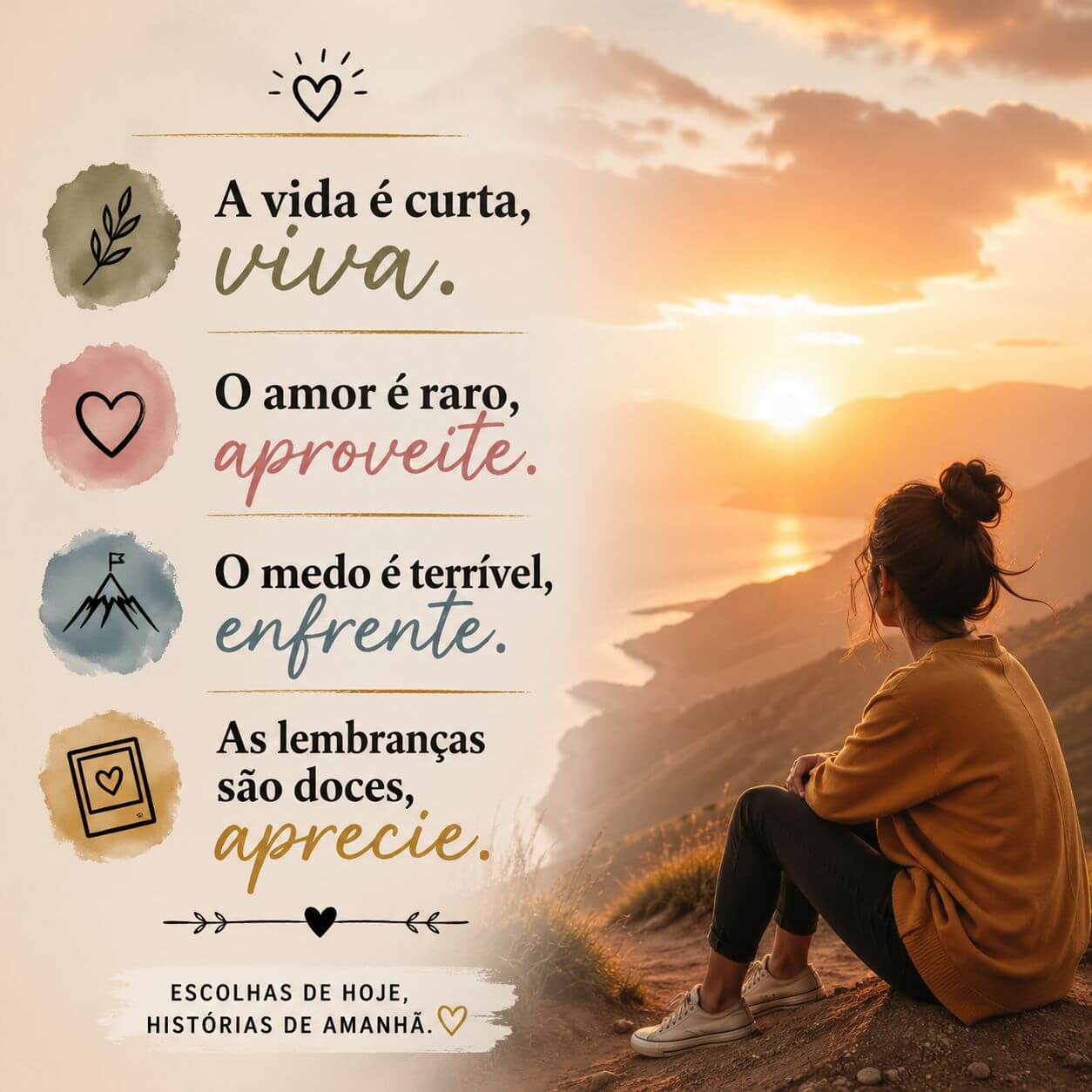 Mulher sentada em uma colina observando o pôr do sol no mar. Texto: "A vida é curta, viva. O amor é raro, aproveite. O medo é terrível, enfrente. As lembranças são doces, aprecie. Escolhas de hoje, histórias de amanhã."