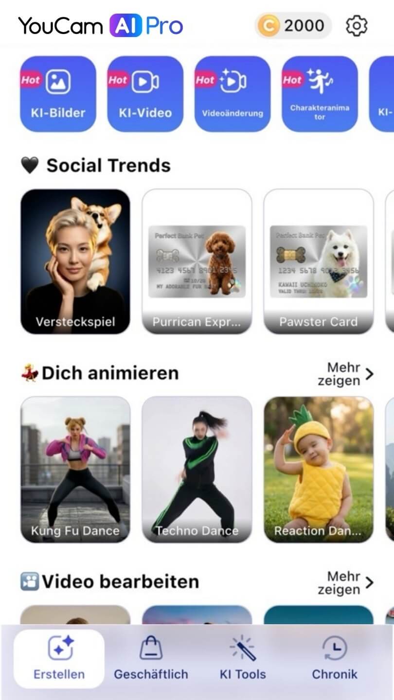 YouCam AI Pro App-Oberfläche auf dem Smartphone mit KI-Videogenerierung, Bildgenerierung und Templates