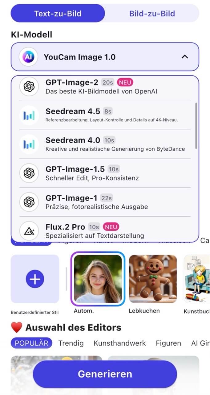 YouCam AI Pro zeigt verfügbare KI-Bildgenerierungsmodelle: GPT-Image 1.5, FLUX 1.1 Pro, Nano Banana Pro und mehr