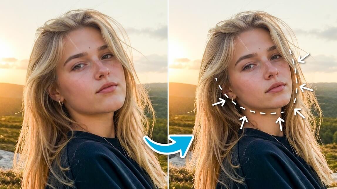 Antes e depois de uma mulher loira mostrando como afinar o rosto na foto, com setas e linhas pontilhadas brancas indicando a diminuição das bochechas e a definição da mandíbula.