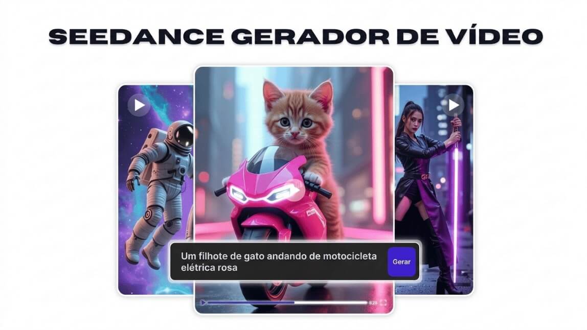 Interface do gerador de vídeo IA Seedance transformando prompt de texto em vídeo, mostrando exemplos gerados como um gato em uma moto rosa, um astronauta e uma personagem cyberpunk.