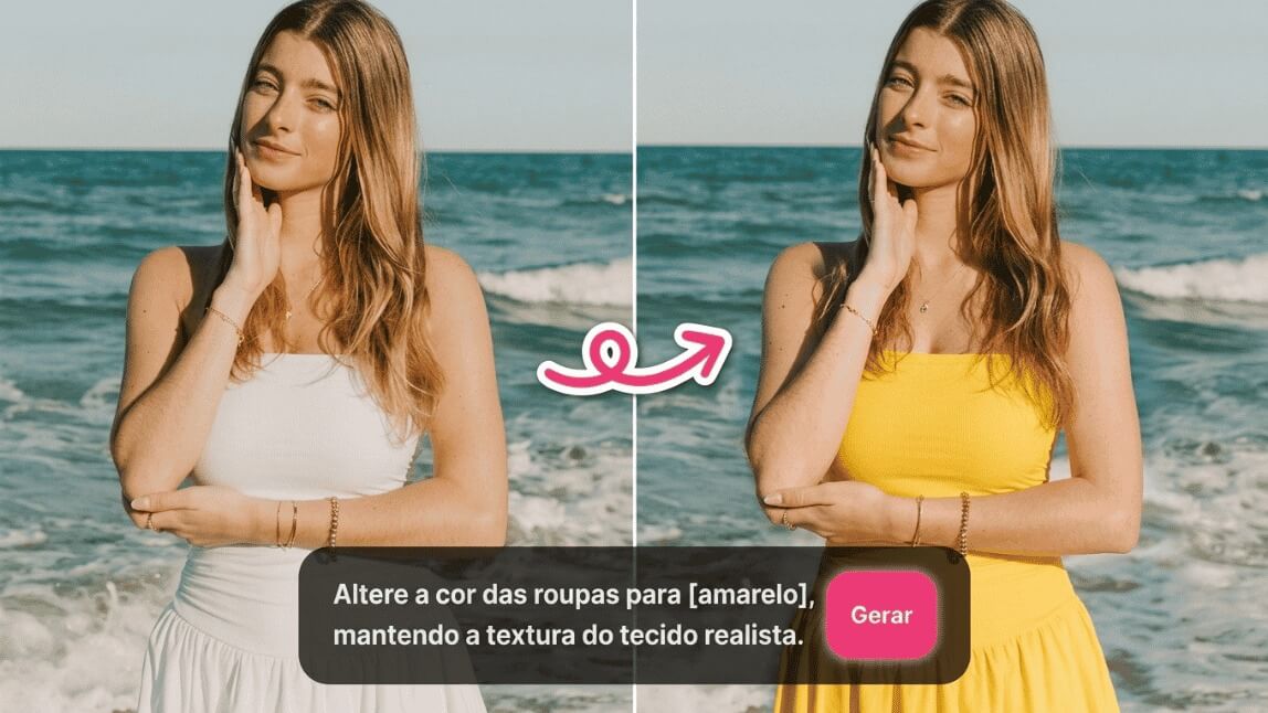 Antes e depois de uma mulher na praia mostrando como mudar a cor da roupa de branco para amarelo usando um prompt de inteligência artificial.