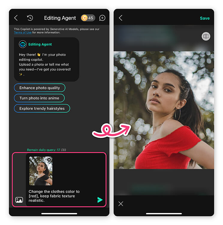 Use a ferramenta de recolorir com IA no YouCam Perfect.