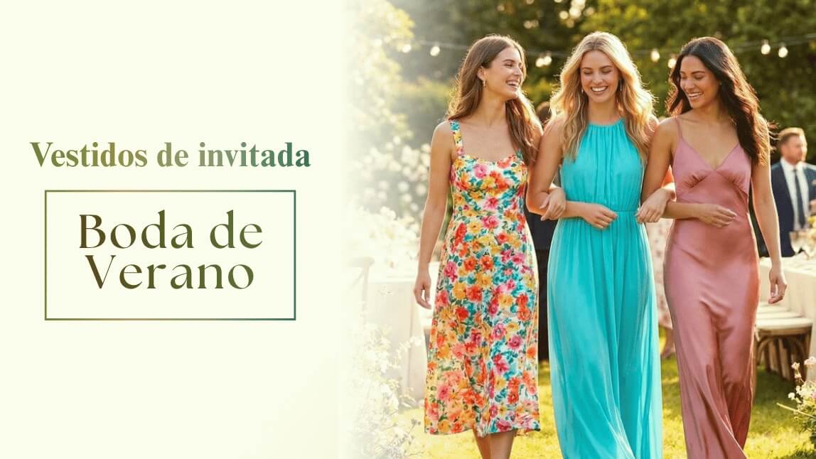 Tres mujeres con diferentes vestidos de invitada de boda de verano en un lugar al aire libre