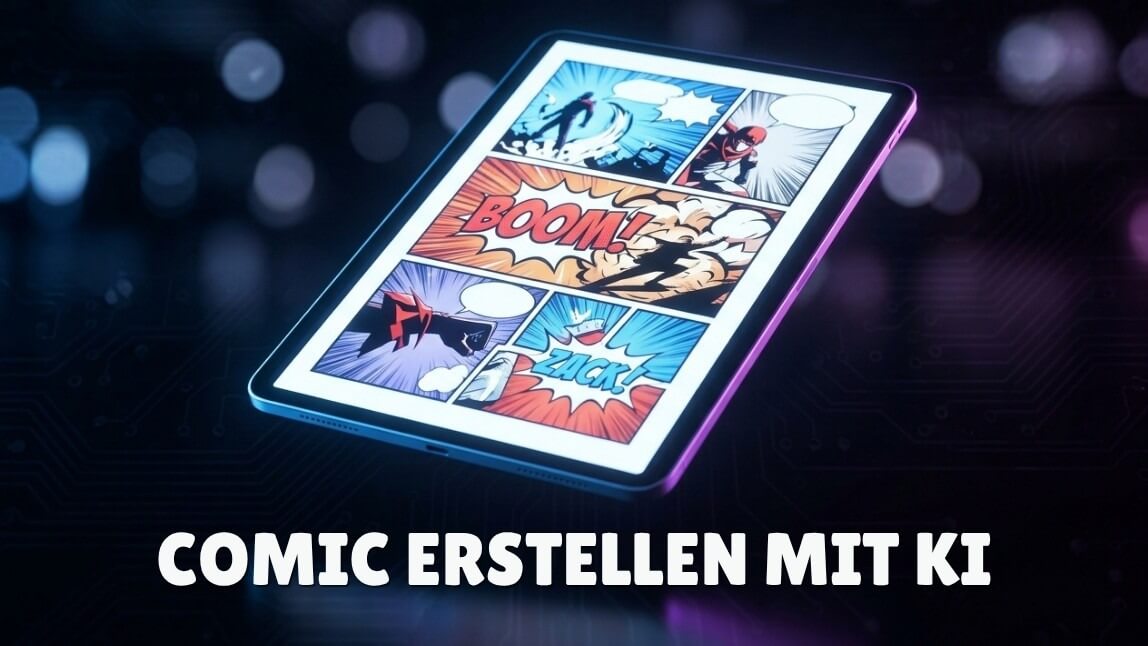 Tablet mit farbigem Comic und Schriftzug „Comic erstellen mit KI“ als Symbolbild für einen KI-Comic-Generator