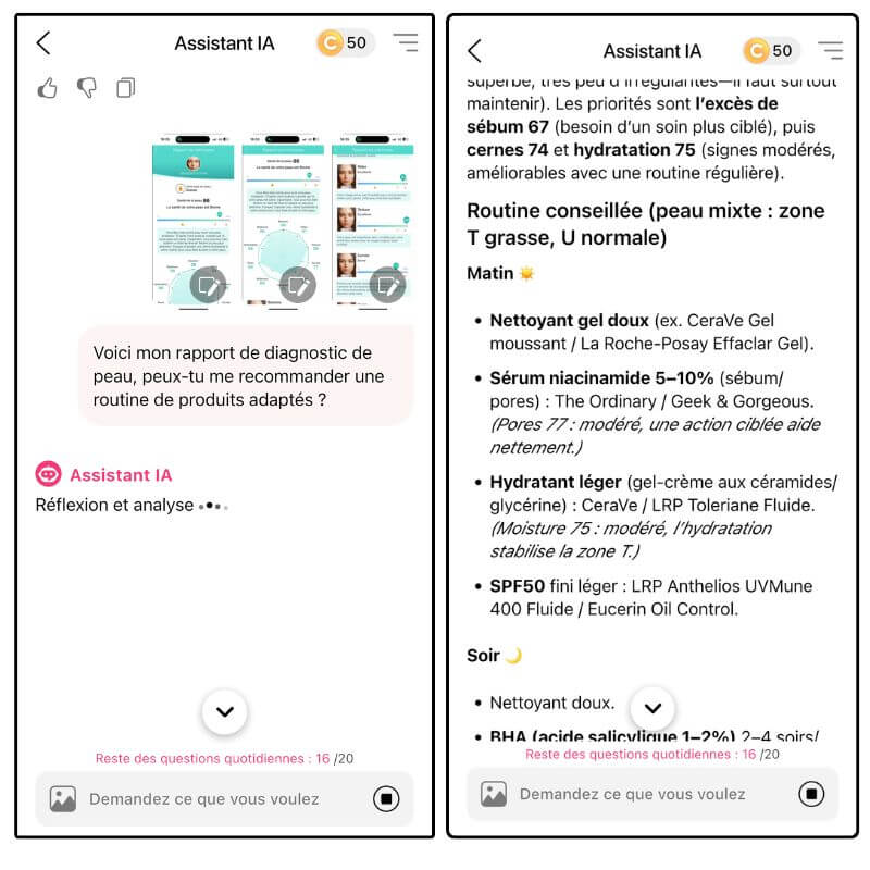 Application diagnostic de peau et recommandation routine skincare