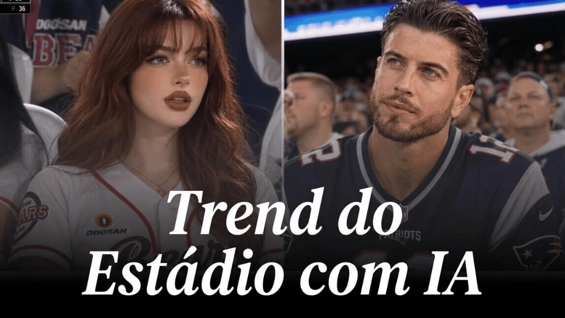 Exemplo da trend do estádio com IA mostrando o rosto de uma mulher em um jogo de beisebol e um homem em uma partida de futebol americano na arquibancada.