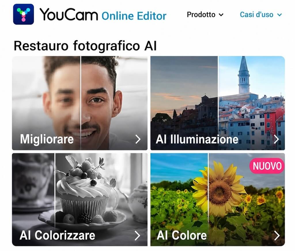 Se non vuoi scaricare un’app, YouCam Online Editor è un’alternativa rapida per il restauro foto. Se non vuoi scaricare un’app, YouCam Online Editor è un’alternativa rapida per il restauro foto.