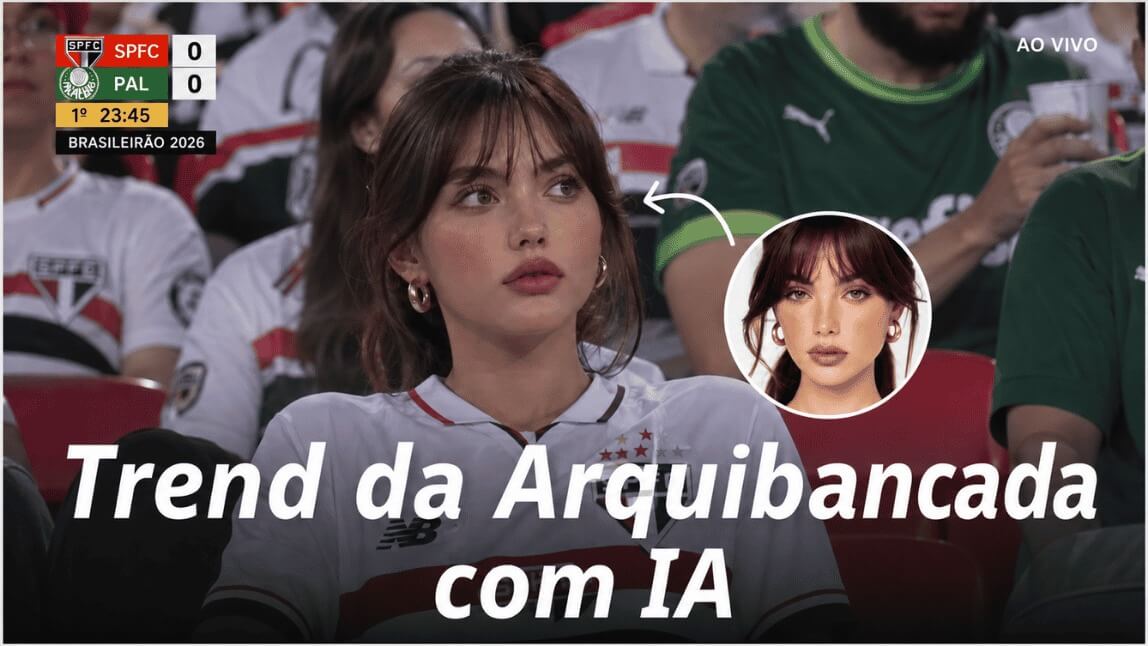 Exemplo da trend da arquibancada com IA mostrando uma mulher na torcida de um jogo do Brasileirão. A imagem compara a selfie original com o resultado realista gerado no estádio.
