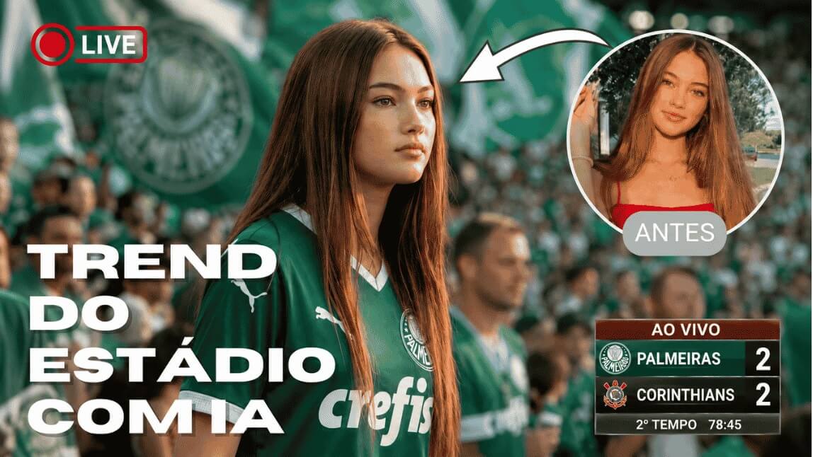 Antes e depois da trend do estádio com IA. Jovem transformada em torcedora na arquibancada do palmeiras em transmissão ao vivo usando gerador de vídeo com IA.