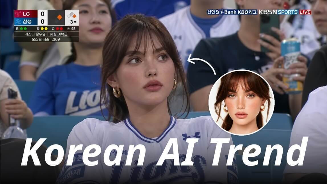 Baseball Cam AI Trend: Ein Porträtfoto wird per KI in eine realistische Live-TV-Übertragung aus einem koreanischen Baseball-Stadion verwandelt, inklusive Jumbotron-Grafiken und Stadion-Atmosphäre.