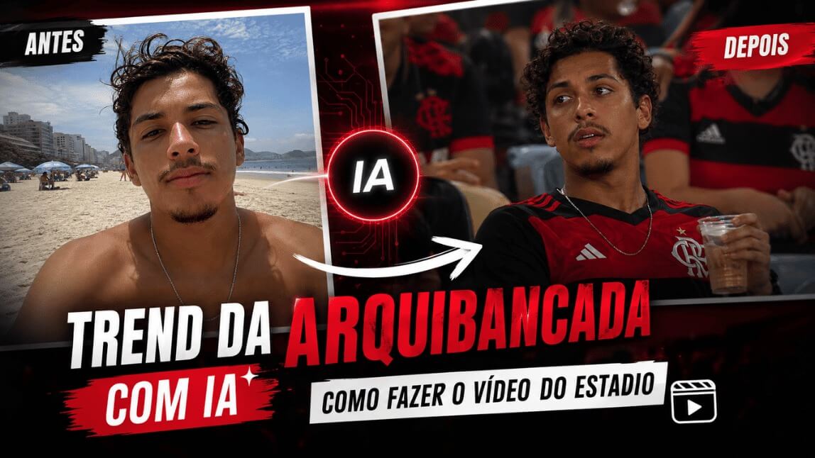 Trend da arquibancada com ia mostrando o antes (foto na praia) e depois (captura de tela numa transmissao ao vivo).