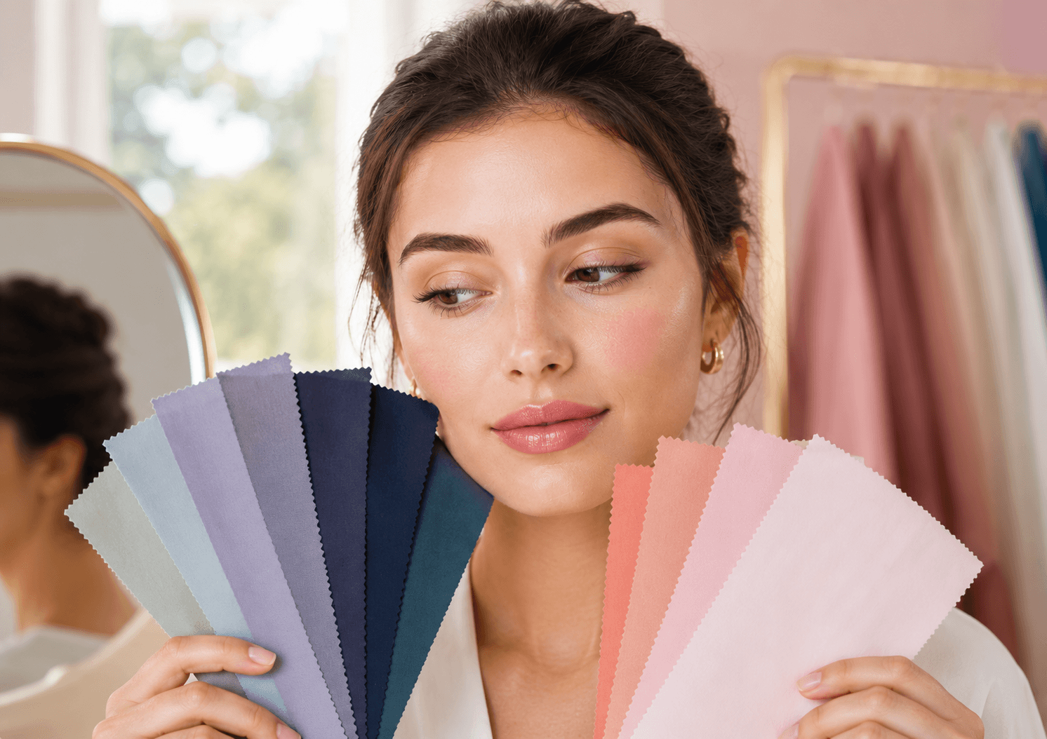 Mujer comparando colores cerca del rostro para identificar su colorimetría Mujer comparando colores cerca del rostro para identificar su colorimetría