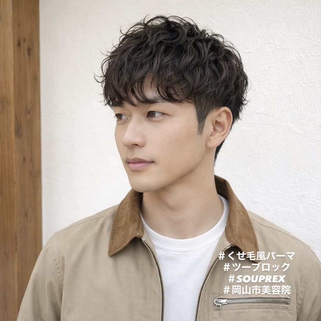 メンズのくせ毛風無造作ヘアで前髪を下ろした髪型 メンズのくせ毛風無造作ヘアで前髪を下ろした髪型