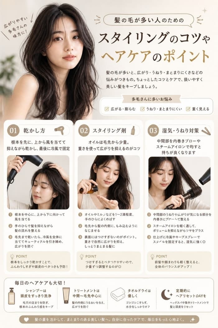毛量が多い人のスタイリングやヘアケアのポイント 毛量が多い人のスタイリングやヘアケアのポイント