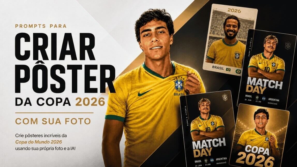 Banner com o título Prompts para criar pôster da Copa 2026 com sua foto mostrando montagens de pôsteres de futebol personalizados com inteligência artificial