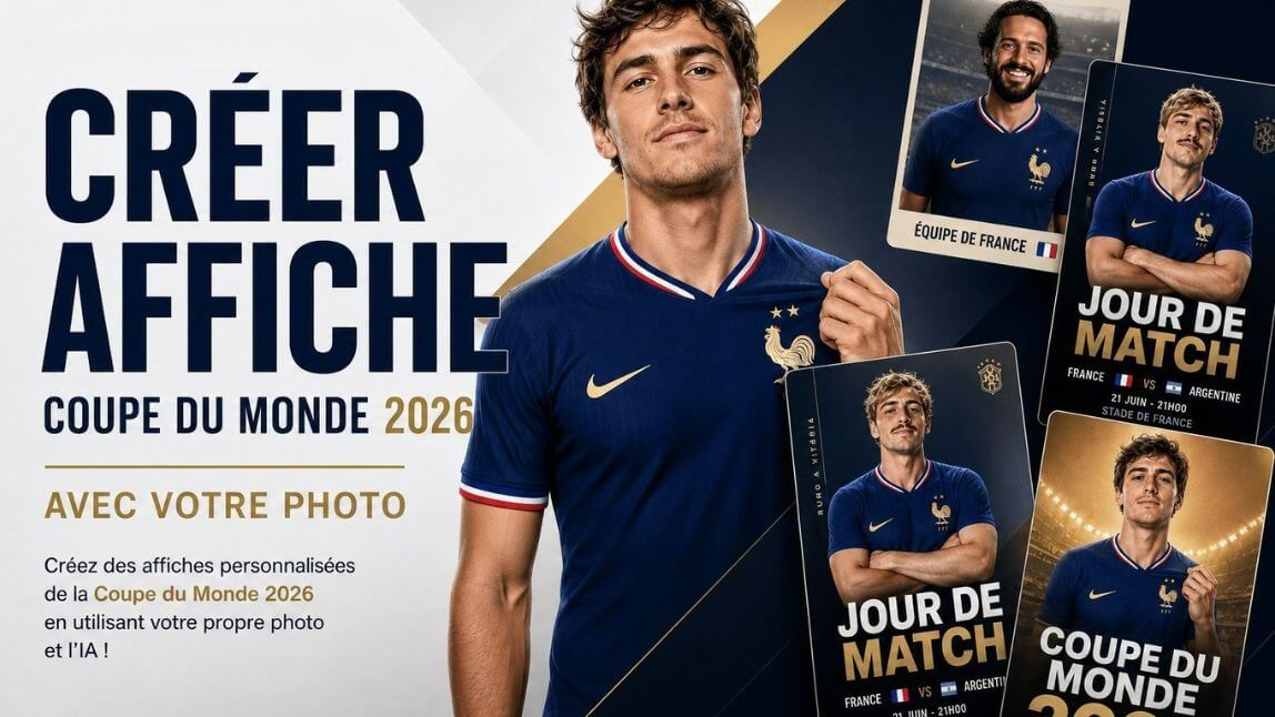 Bannière avec le titre Prompts pour créer une affiche de la Coupe 2026 avec votre photo, montrant des montages d’affiches de football personnalisées avec intelligence artificielle