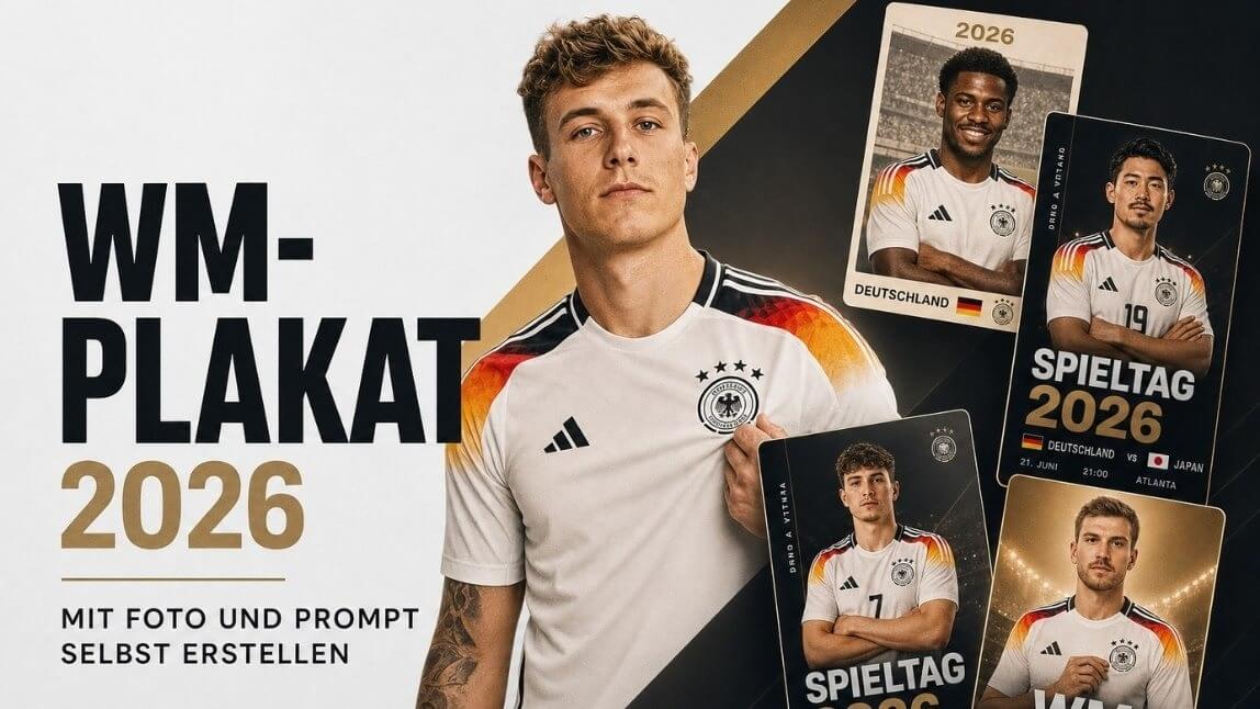 Banner mit dem Titel Prompts, um ein WM-Poster 2026 mit deinem Foto zu erstellen, mit personalisierten Fußball-Postermontagen, generiert mit künstlicher Intelligenz