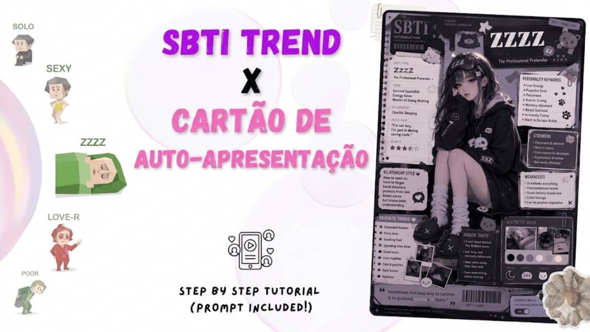 Banner do tutorial da trend Teste SBTI, mostrando os avatares de personalidade e um exemplo de card de autoapresentação gerado por inteligência artificial.