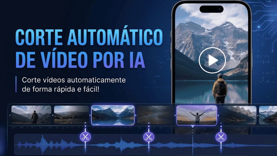 Interface de aplicativo de corte de vídeo com IA mostrando linha do tempo com marcações de tesoura para cortes automáticos e edição de vídeo inteligente no celular.