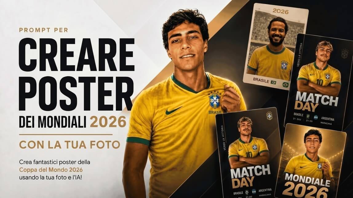 Banner con il titolo Prompt per creare poster dei Mondiali 2026 con la tua foto che mostra montaggi di poster di calcio personalizzati con intelligenza artificiale
