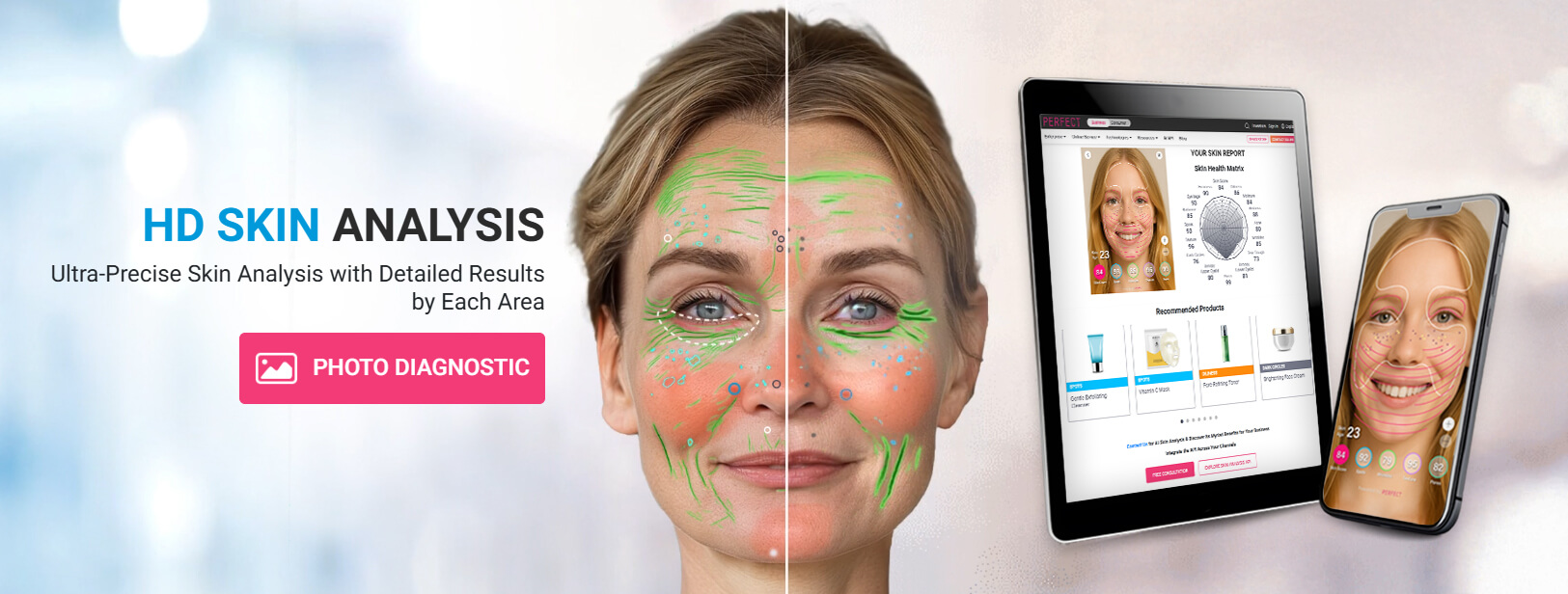 HD skin analysis tool showing ultra-precise skin detection results across facial areas