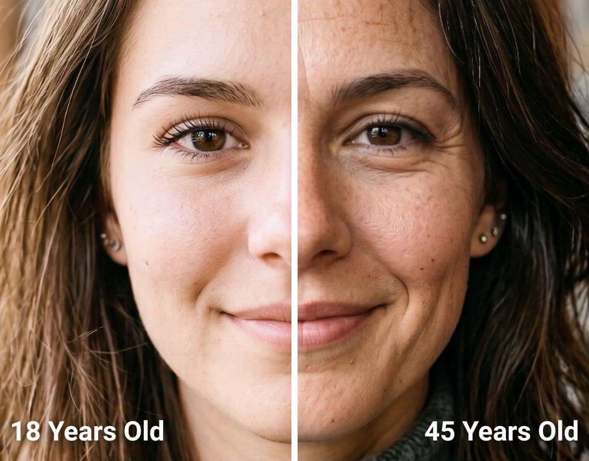 canthal tilt of 18 years old and 45 years old young woman has neutral or positive canthal tilt-45 years old woman with negative canthal tilt