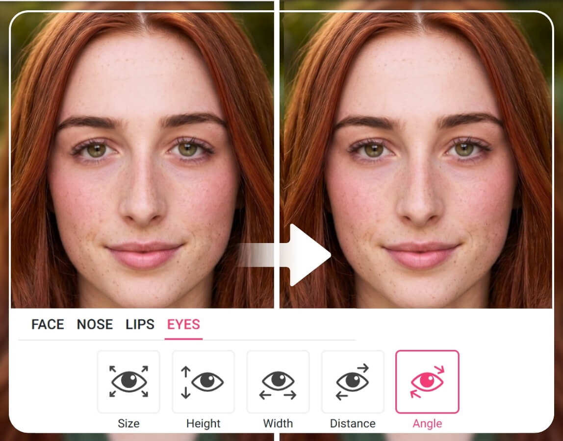 AI eyes angle tool a woman with Negative Canthal Tilt turns into with neutral Canthal Tilt