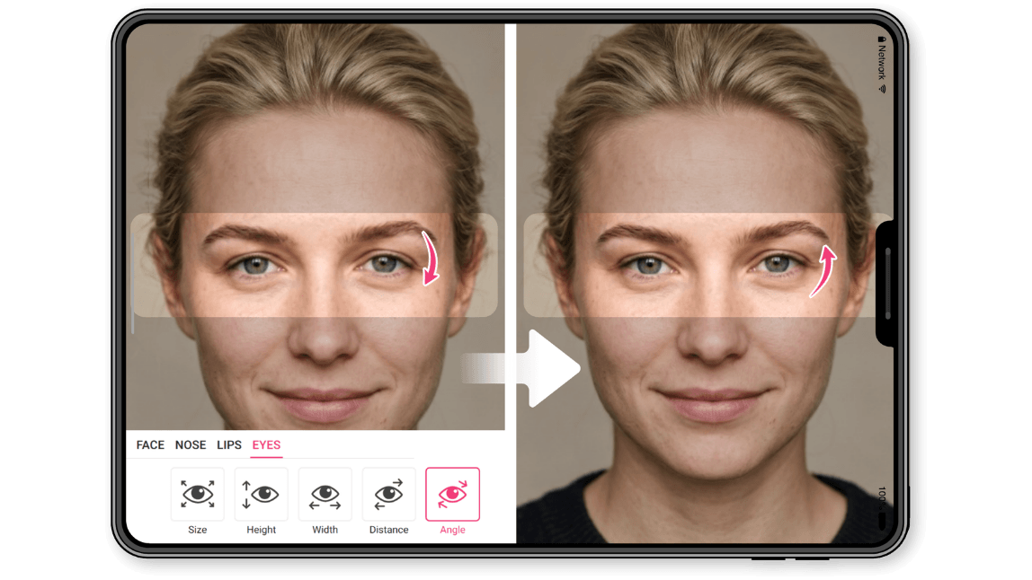AI face reshape a woman with AI reshape tool, improving her eyes angle