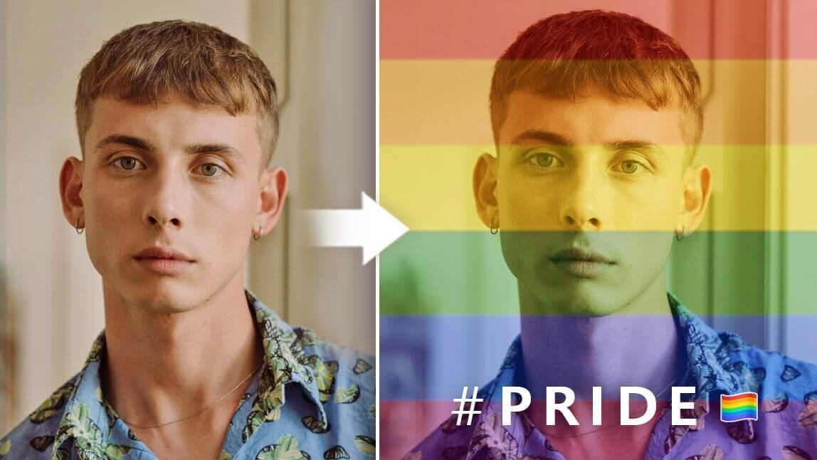 Vorher-Nachher-Vergleich mit Regenbogenfilter auf einem Profilbild