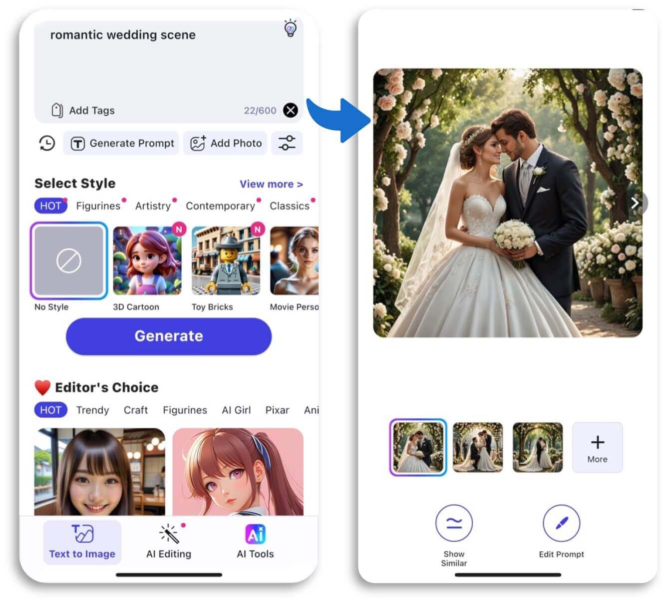 Diferentes estilos de fotos de casamento criadas com IA, como romântico, oriental e ocidental.