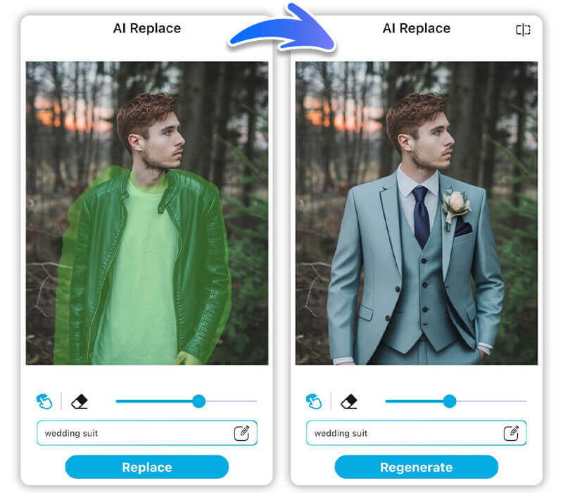 Homem em uma foto tendo sua roupa substituída por um terno de casamento virtual.