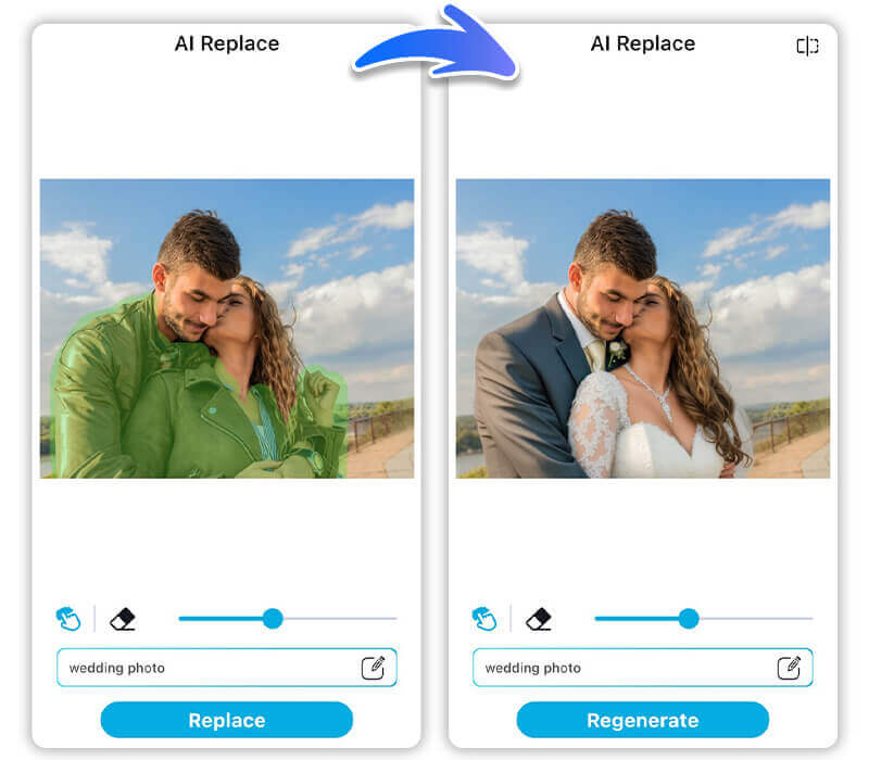 Exemplo de foto de casal sendo editada para adicionar um vestido de noiva e um terno com IA.